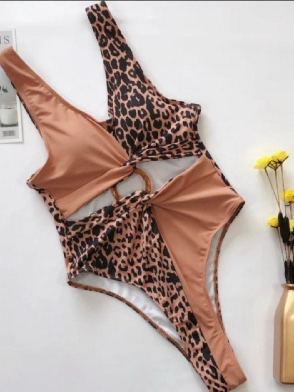 Leopard Print One-Shoulder Cutout One-Piece Swimsuit - Tan/Leopard